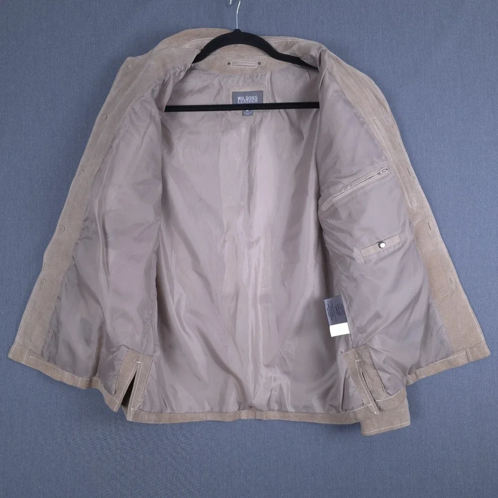 Wilson Suede Jacket Mens Medium Tan Leather Button Up Lined Shacket Hand Pockets